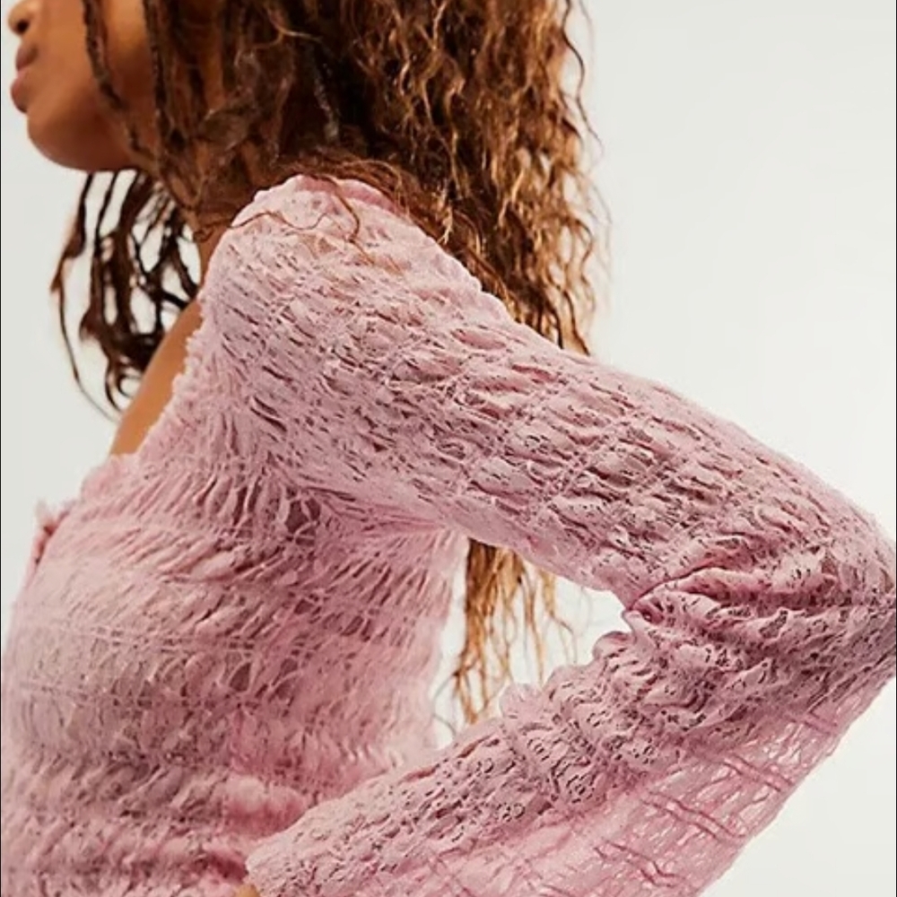 Free People One Madison Top Women XL Smocked 🌹 Rose Lace Sheer Fairy Pink Boho - Picture 3 of 13